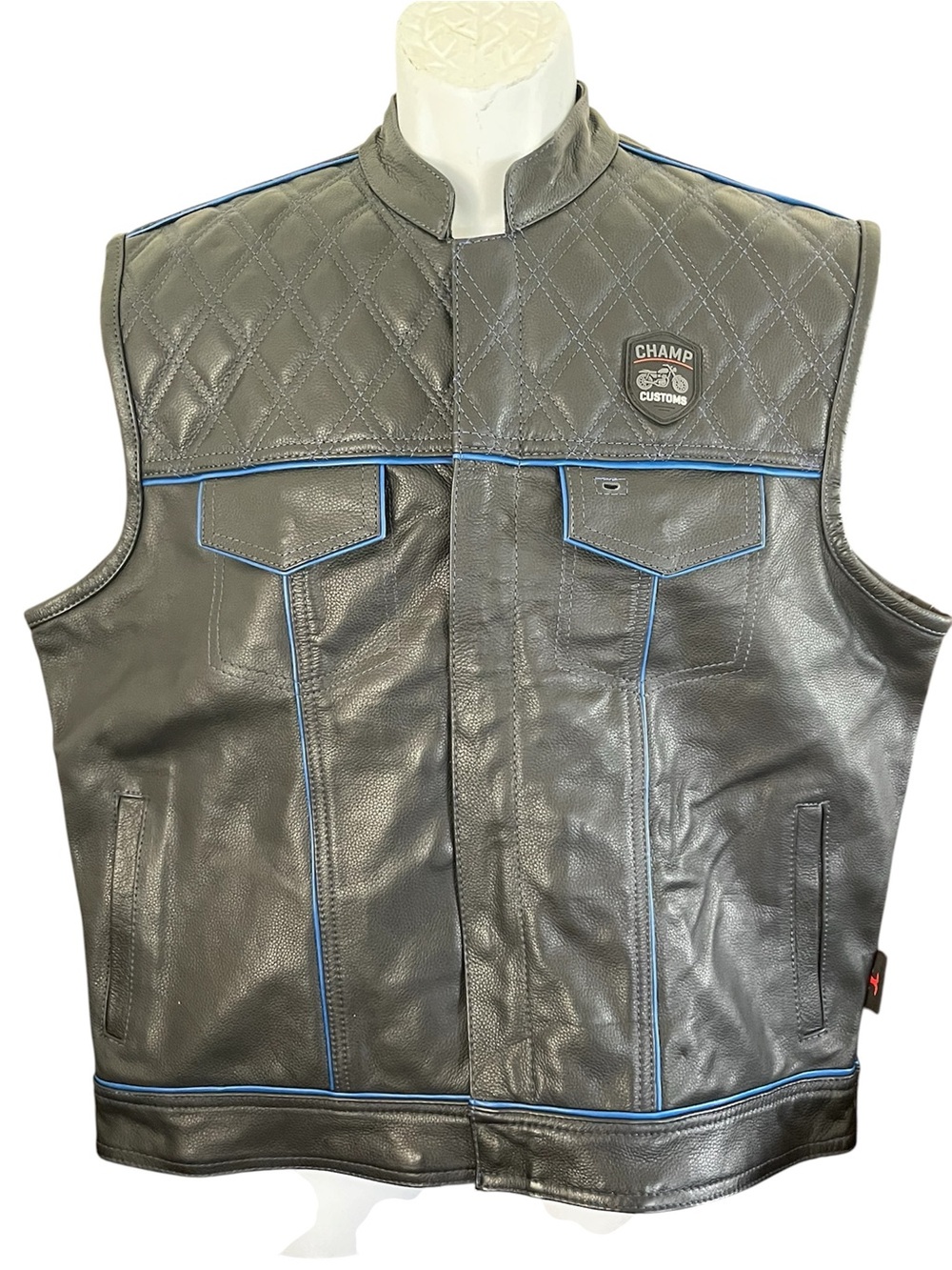 Black & Blue Champ Customs Genuine Leather Motorcycle Riding Vest XL NWT